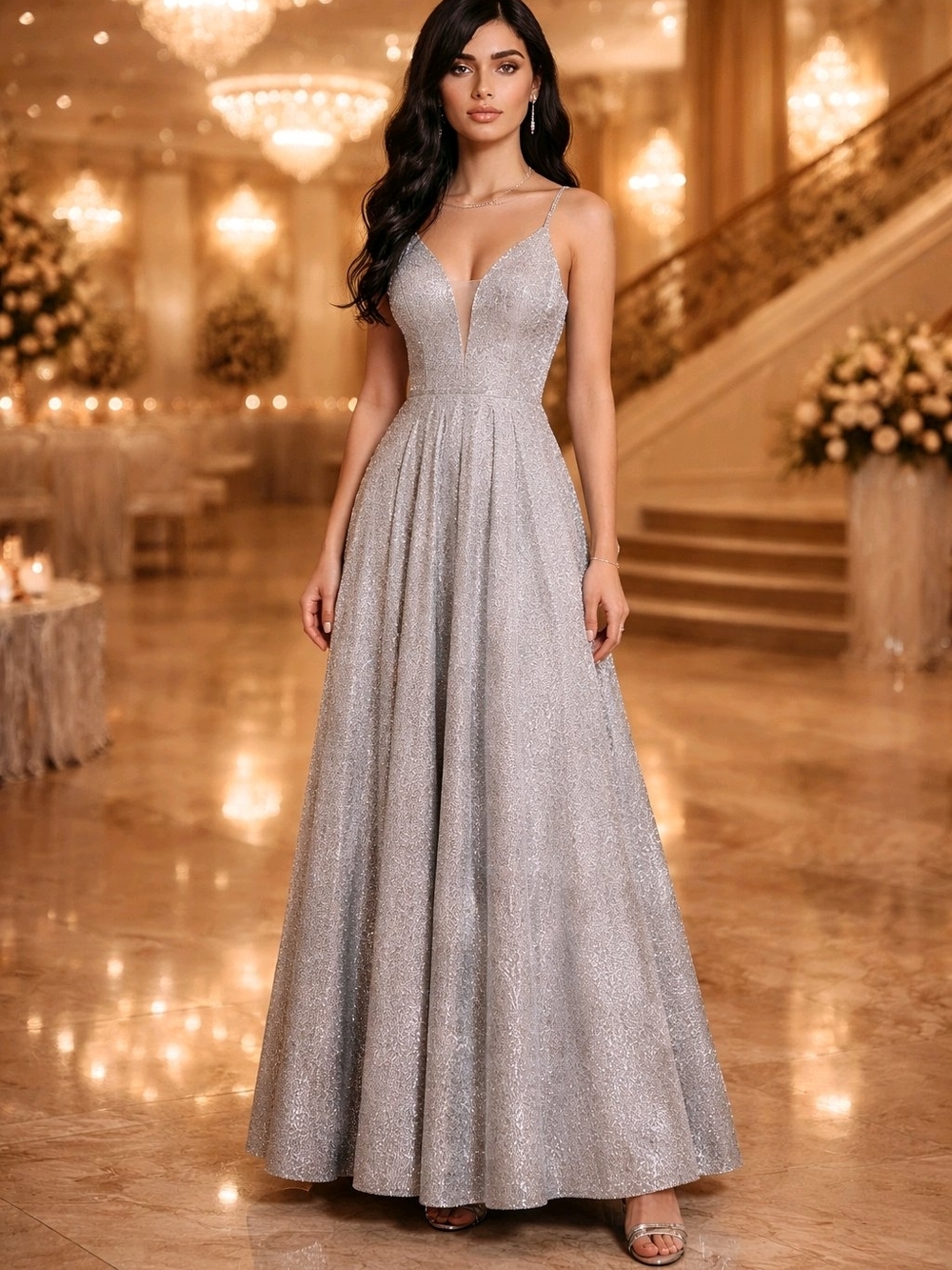 B Darlin Size 7/8 Silver Glitter Gown: Sparkle & Flare Formal Dress